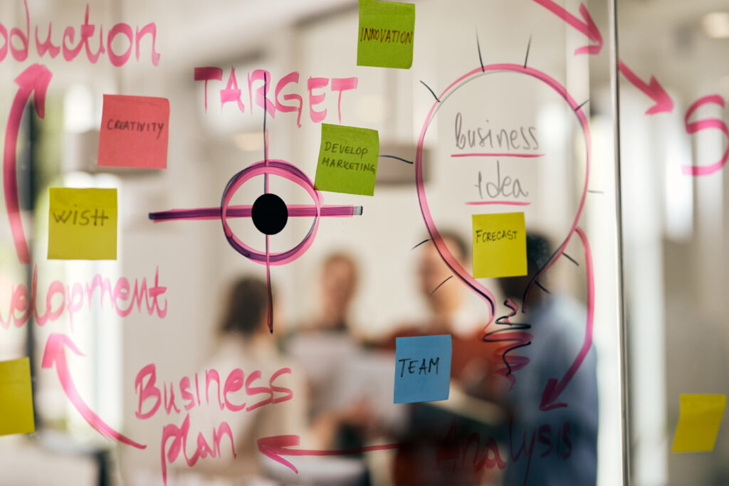 A glass wall in a modern office covered in a colorful mind map and sticky notes with terms like "Business Plan," "Team," and "Target," illustrating the process of documenting small business operations.